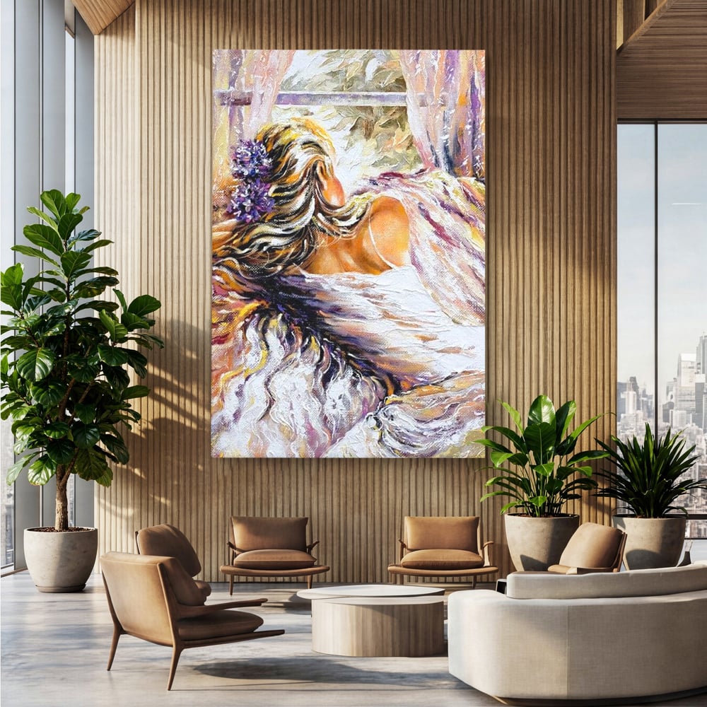 Leinwandbilder Premium LuxCanva® E1050, Morgen eines Träumers, Sonnenaufgang, Fenster, Gedanken, Fee, Magie, Wohnzimmer, Lebendige Farben