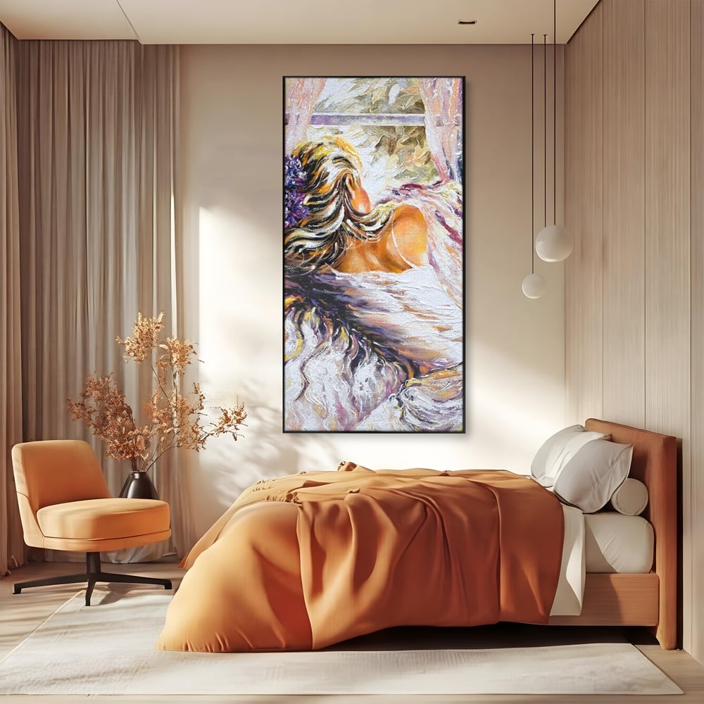 Leinwandbilder Premium LuxCanva® E1050, Morgen eines Träumers, Sonnenaufgang, Fenster, Gedanken, Fee, Magie, Wohnzimmer, Lebendige Farben