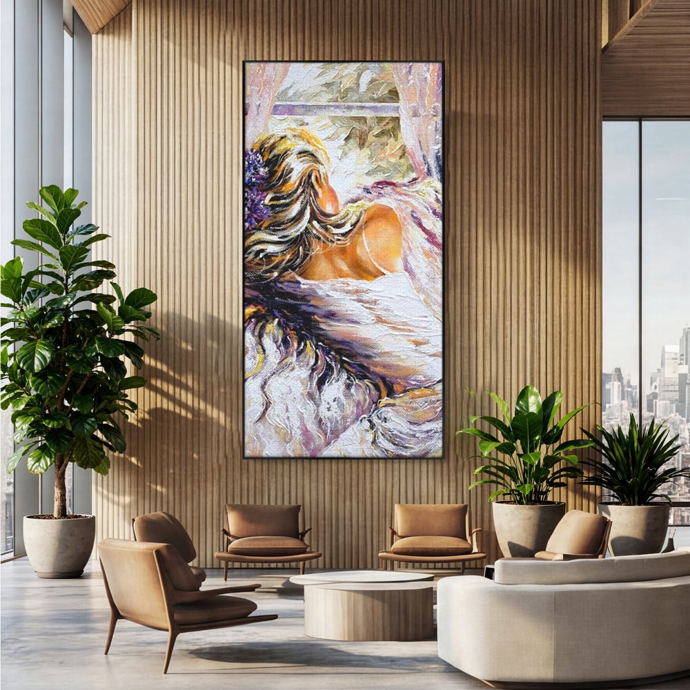 Leinwandbilder Premium LuxCanva® E1050, Morgen eines Träumers, Sonnenaufgang, Fenster, Gedanken, Fee, Magie, Wohnzimmer, Lebendige Farben