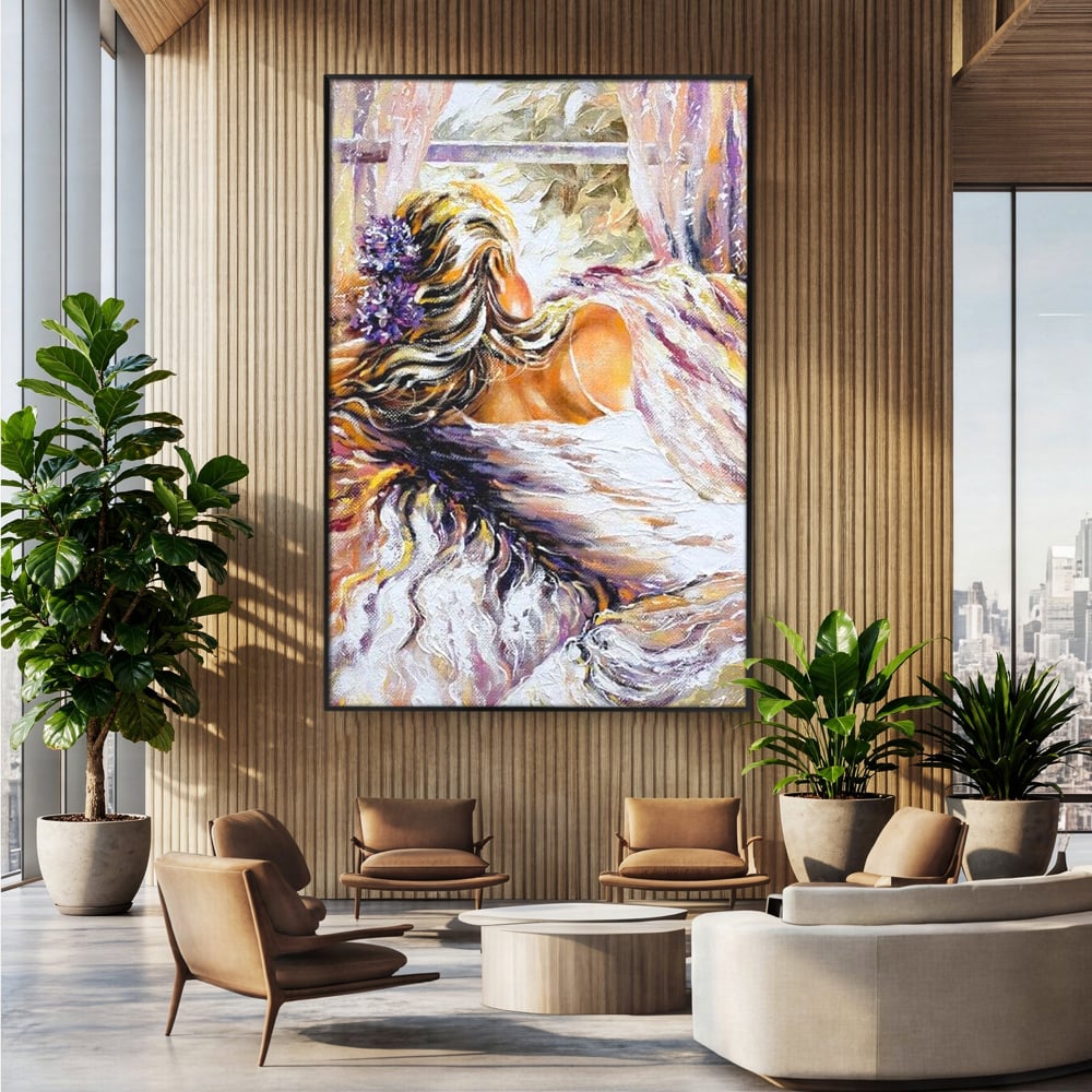Leinwandbilder Premium LuxCanva® E1050, Morgen eines Träumers, Sonnenaufgang, Fenster, Gedanken, Fee, Magie, Wohnzimmer, Lebendige Farben
