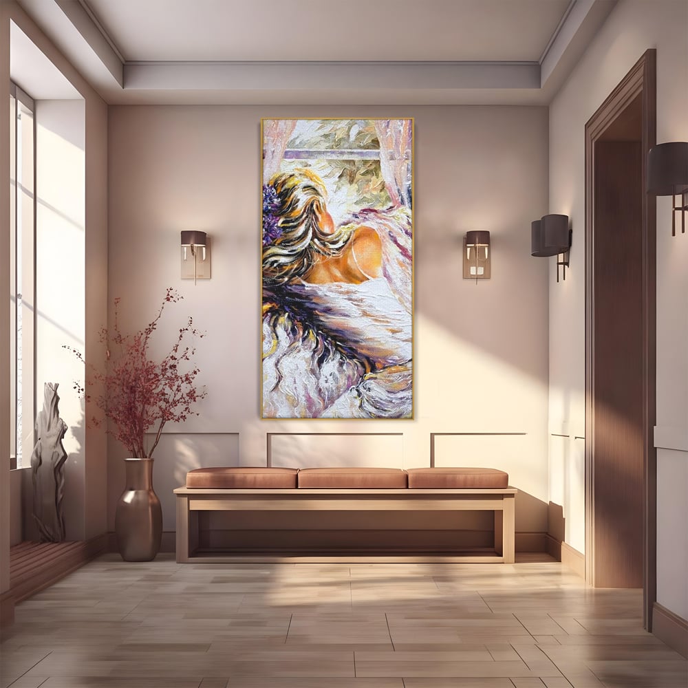 Leinwandbilder Premium LuxCanva® E1050, Morgen eines Träumers, Sonnenaufgang, Fenster, Gedanken, Fee, Magie, Wohnzimmer, Lebendige Farben