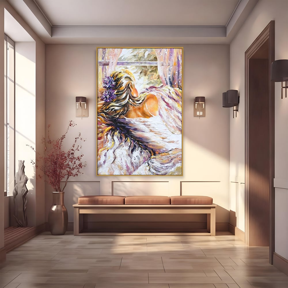 Leinwandbilder Premium LuxCanva® E1050, Morgen eines Träumers, Sonnenaufgang, Fenster, Gedanken, Fee, Magie, Wohnzimmer, Lebendige Farben