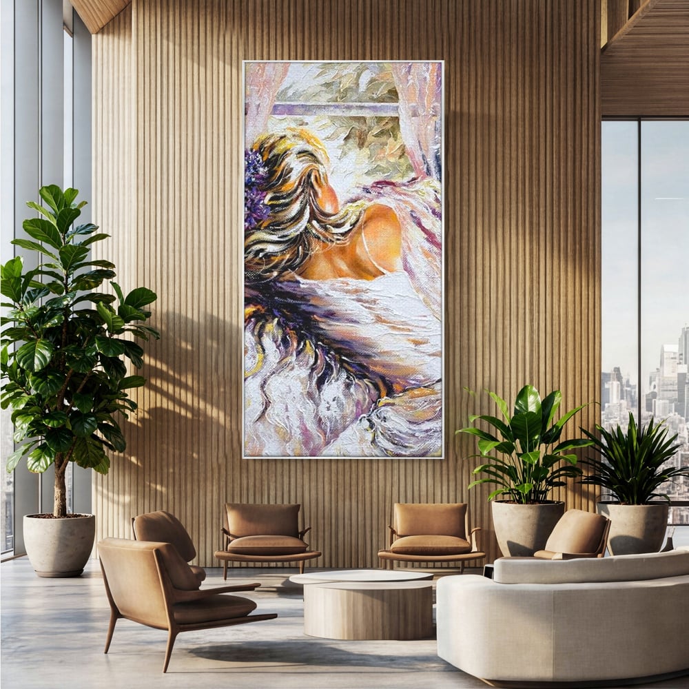 Leinwandbilder Premium LuxCanva® E1050, Morgen eines Träumers, Sonnenaufgang, Fenster, Gedanken, Fee, Magie, Wohnzimmer, Lebendige Farben