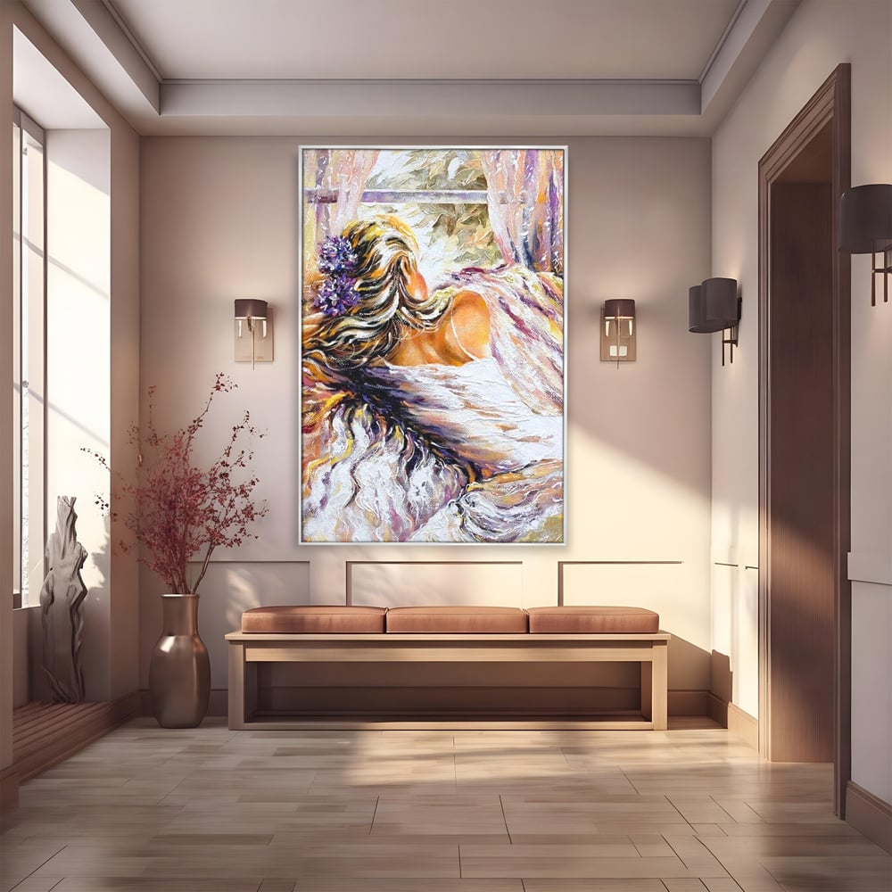 Leinwandbilder Premium LuxCanva® E1050, Morgen eines Träumers, Sonnenaufgang, Fenster, Gedanken, Fee, Magie, Wohnzimmer, Lebendige Farben