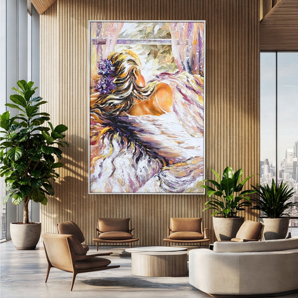 Leinwandbilder Premium LuxCanva® E1050, Morgen eines Träumers, Sonnenaufgang, Fenster, Gedanken, Fee, Magie, Wohnzimmer, Lebendige Farben