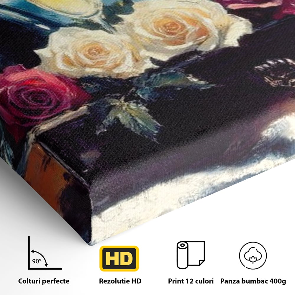 Tablou Canvas Premium LuxCanva® E1052, Sampanie la Tarmul Marii, Valuri, Pahare, Lux, Trandafiri, Exotic, Living Room, Culori vibrante