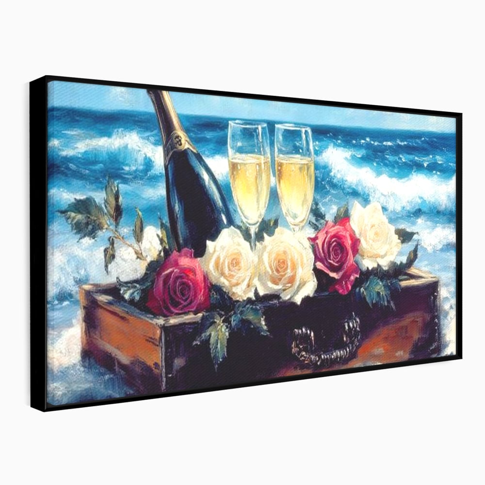 Tablou Canvas Premium LuxCanva® E1052, Sampanie la Tarmul Marii, Valuri, Pahare, Lux, Trandafiri, Exotic, Living Room, Culori vibrante