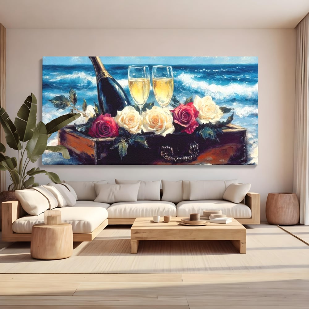 Tablou Canvas Premium LuxCanva® E1052, Sampanie la Tarmul Marii, Valuri, Pahare, Lux, Trandafiri, Exotic, Living Room, Culori vibrante