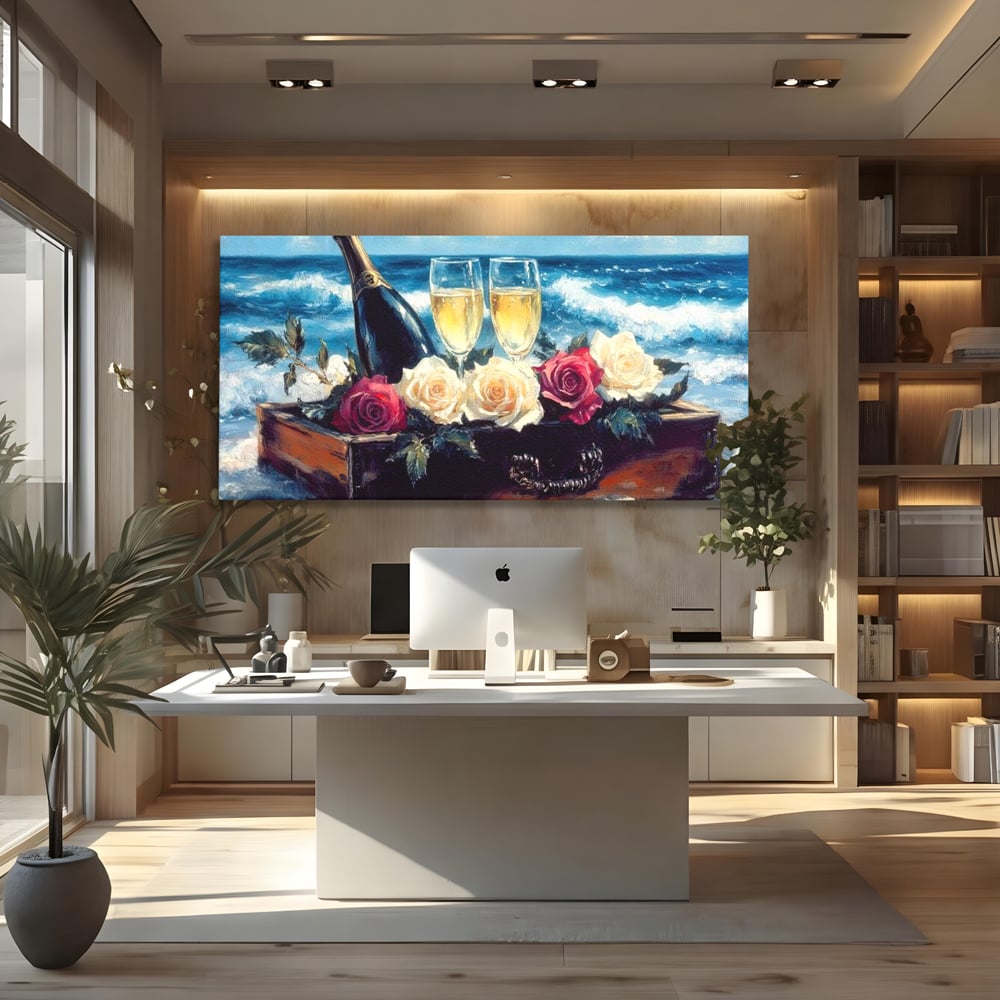 Tablou Canvas Premium LuxCanva® E1052, Sampanie la Tarmul Marii, Valuri, Pahare, Lux, Trandafiri, Exotic, Living Room, Culori vibrante