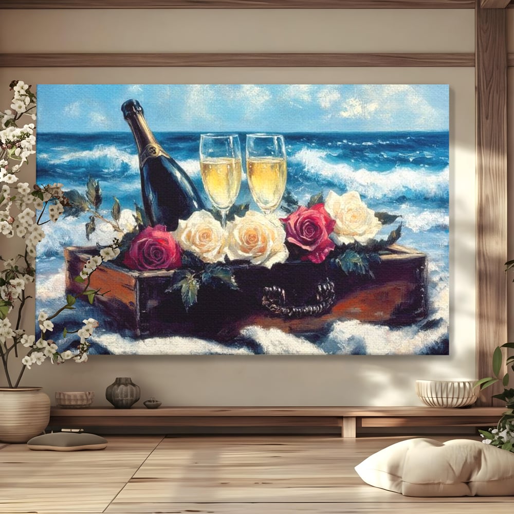 Tablou Canvas Premium LuxCanva® E1052, Sampanie la Tarmul Marii, Valuri, Pahare, Lux, Trandafiri, Exotic, Living Room, Culori vibrante