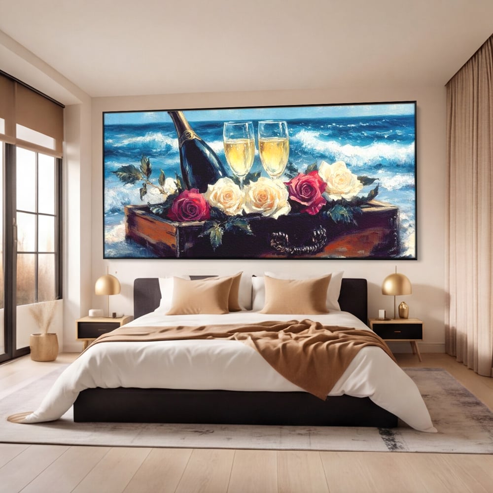 Tablou Canvas Premium LuxCanva® E1052, Sampanie la Tarmul Marii, Valuri, Pahare, Lux, Trandafiri, Exotic, Living Room, Culori vibrante