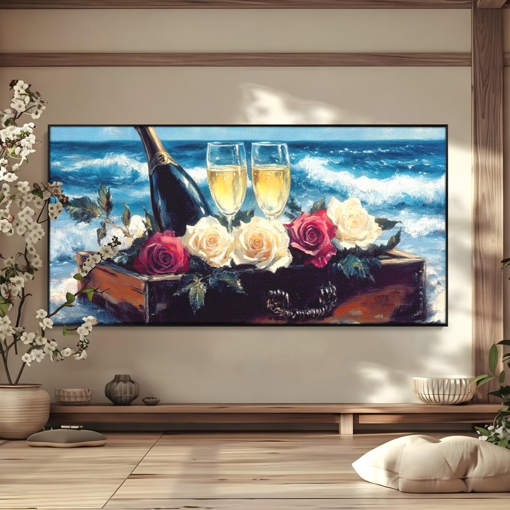 Tablou Canvas Premium LuxCanva® E1052, Sampanie la Tarmul Marii, Valuri, Pahare, Lux, Trandafiri, Exotic, Living Room, Culori vibrante