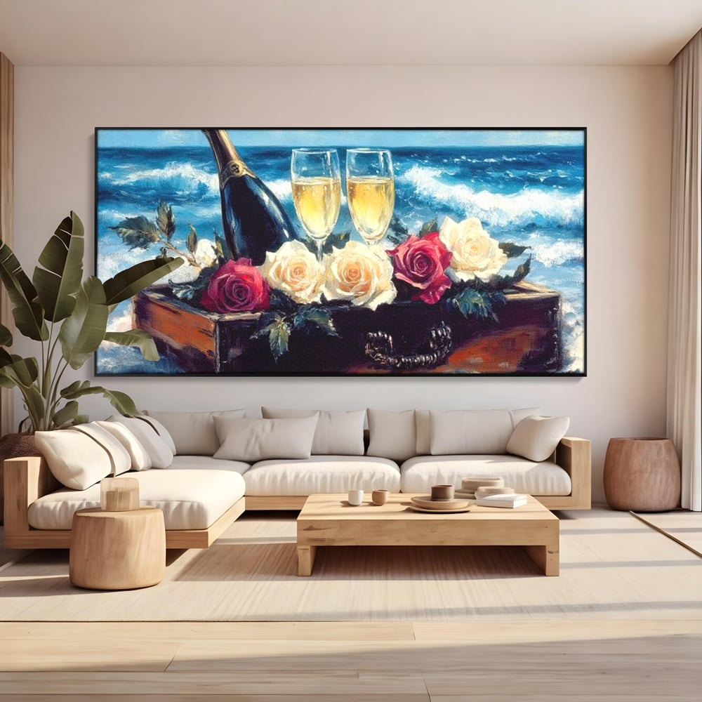 Tablou Canvas Premium LuxCanva® E1052, Sampanie la Tarmul Marii, Valuri, Pahare, Lux, Trandafiri, Exotic, Living Room, Culori vibrante