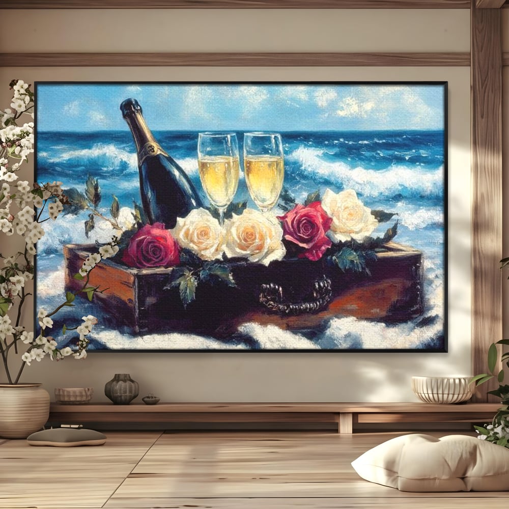 Tablou Canvas Premium LuxCanva® E1052, Sampanie la Tarmul Marii, Valuri, Pahare, Lux, Trandafiri, Exotic, Living Room, Culori vibrante