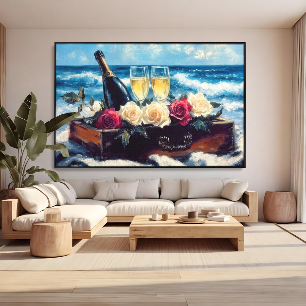 Tablou Canvas Premium LuxCanva® E1052, Sampanie la Tarmul Marii, Valuri, Pahare, Lux, Trandafiri, Exotic, Living Room, Culori vibrante
