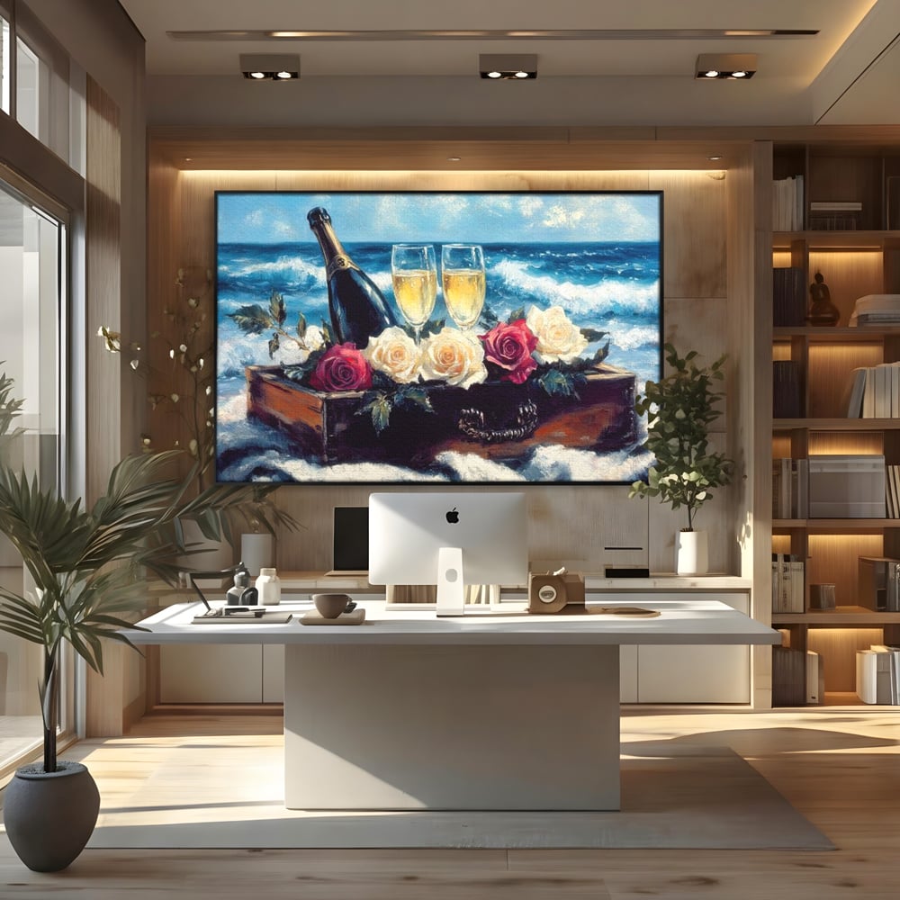 Tablou Canvas Premium LuxCanva® E1052, Sampanie la Tarmul Marii, Valuri, Pahare, Lux, Trandafiri, Exotic, Living Room, Culori vibrante