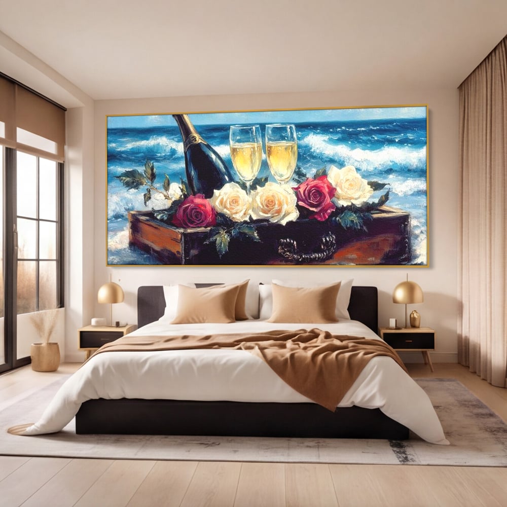 Tablou Canvas Premium LuxCanva® E1052, Sampanie la Tarmul Marii, Valuri, Pahare, Lux, Trandafiri, Exotic, Living Room, Culori vibrante