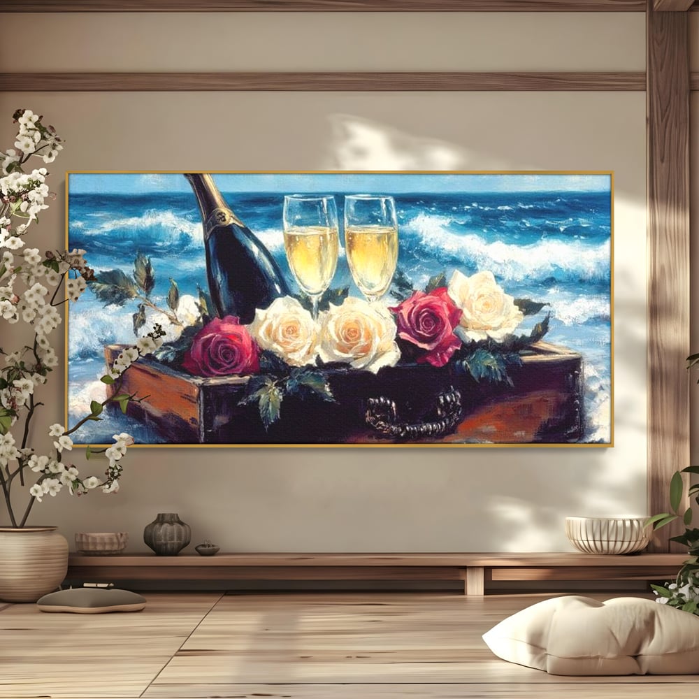 Tablou Canvas Premium LuxCanva® E1052, Sampanie la Tarmul Marii, Valuri, Pahare, Lux, Trandafiri, Exotic, Living Room, Culori vibrante