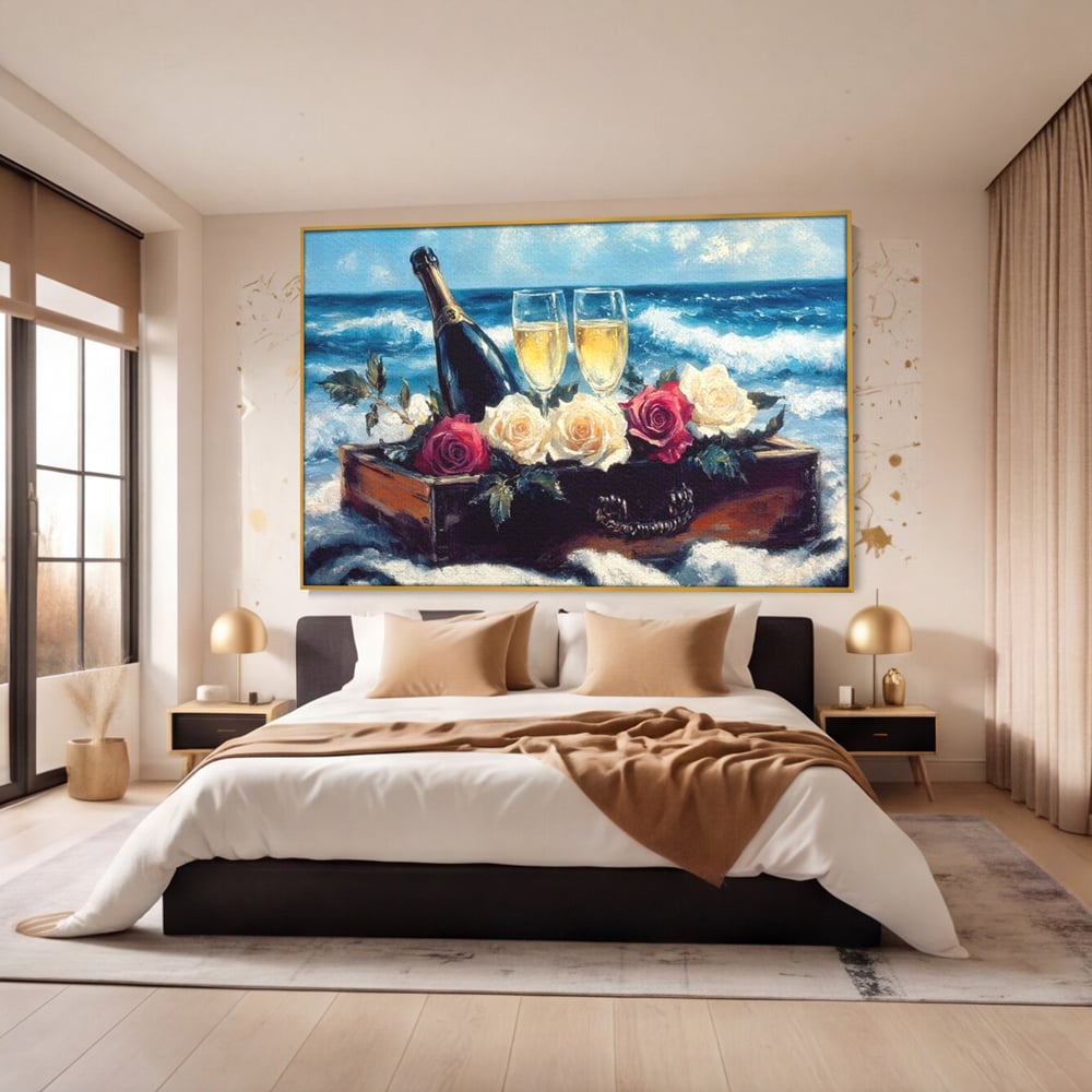 Tablou Canvas Premium LuxCanva® E1052, Sampanie la Tarmul Marii, Valuri, Pahare, Lux, Trandafiri, Exotic, Living Room, Culori vibrante