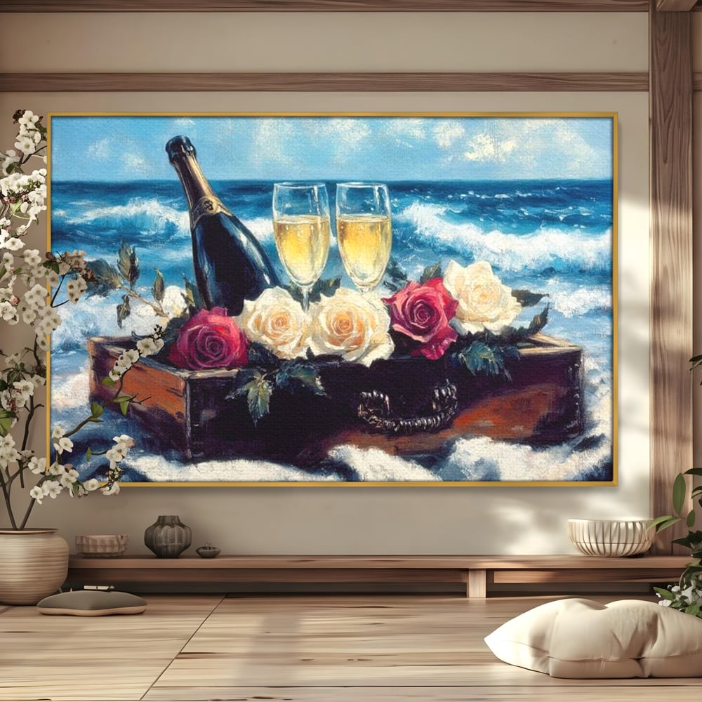 Tablou Canvas Premium LuxCanva® E1052, Sampanie la Tarmul Marii, Valuri, Pahare, Lux, Trandafiri, Exotic, Living Room, Culori vibrante