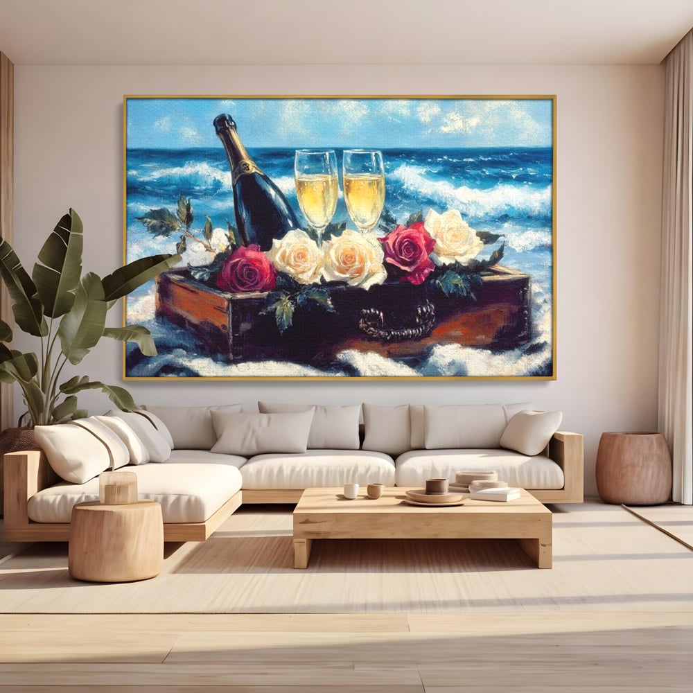 Tablou Canvas Premium LuxCanva® E1052, Sampanie la Tarmul Marii, Valuri, Pahare, Lux, Trandafiri, Exotic, Living Room, Culori vibrante
