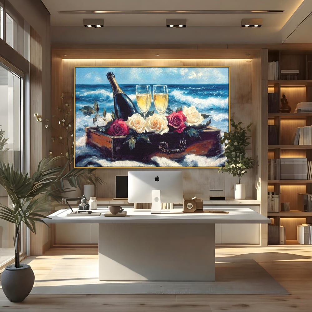 Tablou Canvas Premium LuxCanva® E1052, Sampanie la Tarmul Marii, Valuri, Pahare, Lux, Trandafiri, Exotic, Living Room, Culori vibrante