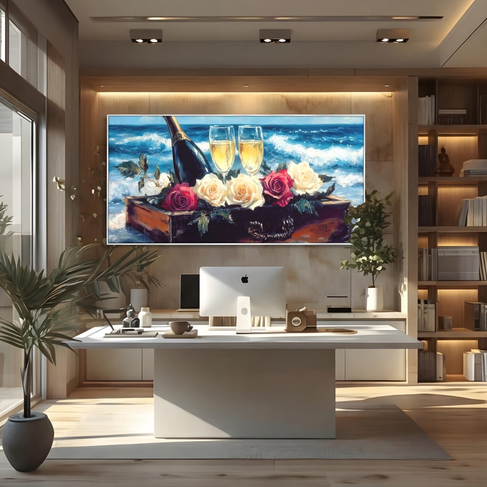 Tablou Canvas Premium LuxCanva® E1052, Sampanie la Tarmul Marii, Valuri, Pahare, Lux, Trandafiri, Exotic, Living Room, Culori vibrante