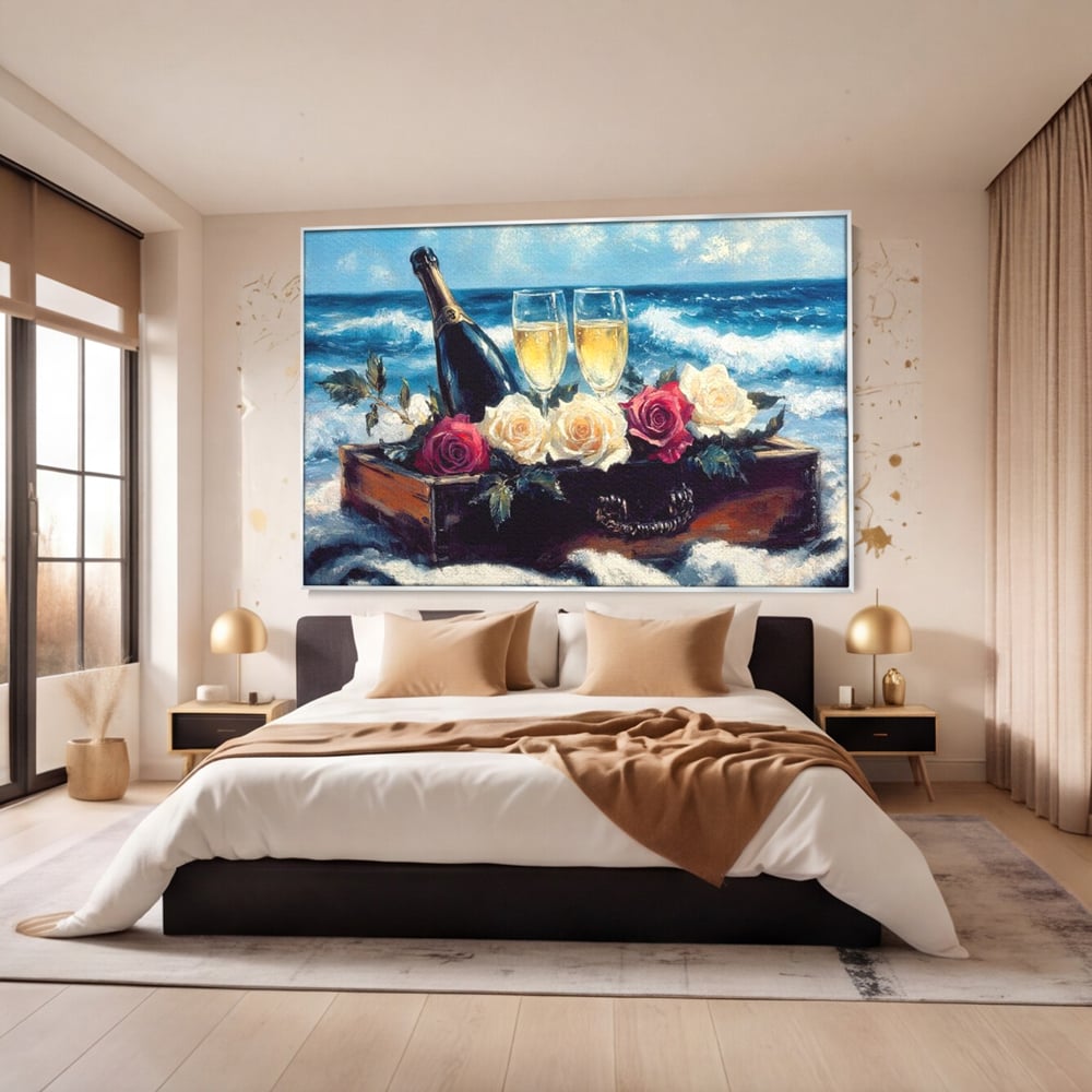Tablou Canvas Premium LuxCanva® E1052, Sampanie la Tarmul Marii, Valuri, Pahare, Lux, Trandafiri, Exotic, Living Room, Culori vibrante