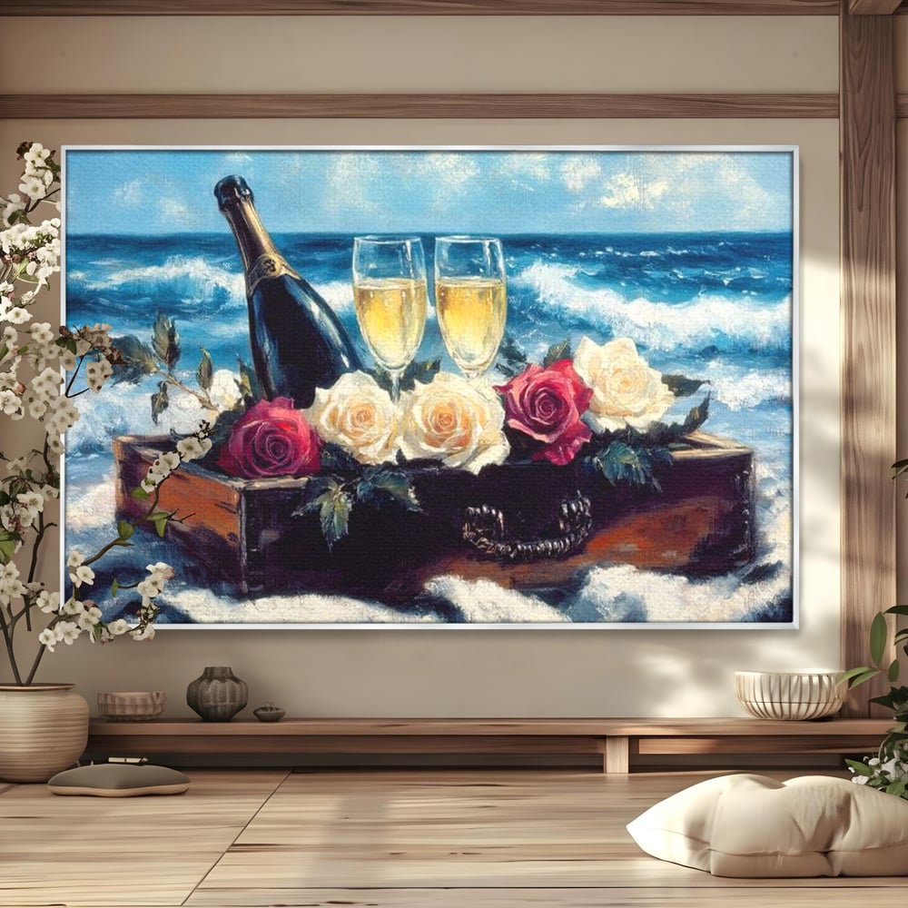 Tablou Canvas Premium LuxCanva® E1052, Sampanie la Tarmul Marii, Valuri, Pahare, Lux, Trandafiri, Exotic, Living Room, Culori vibrante