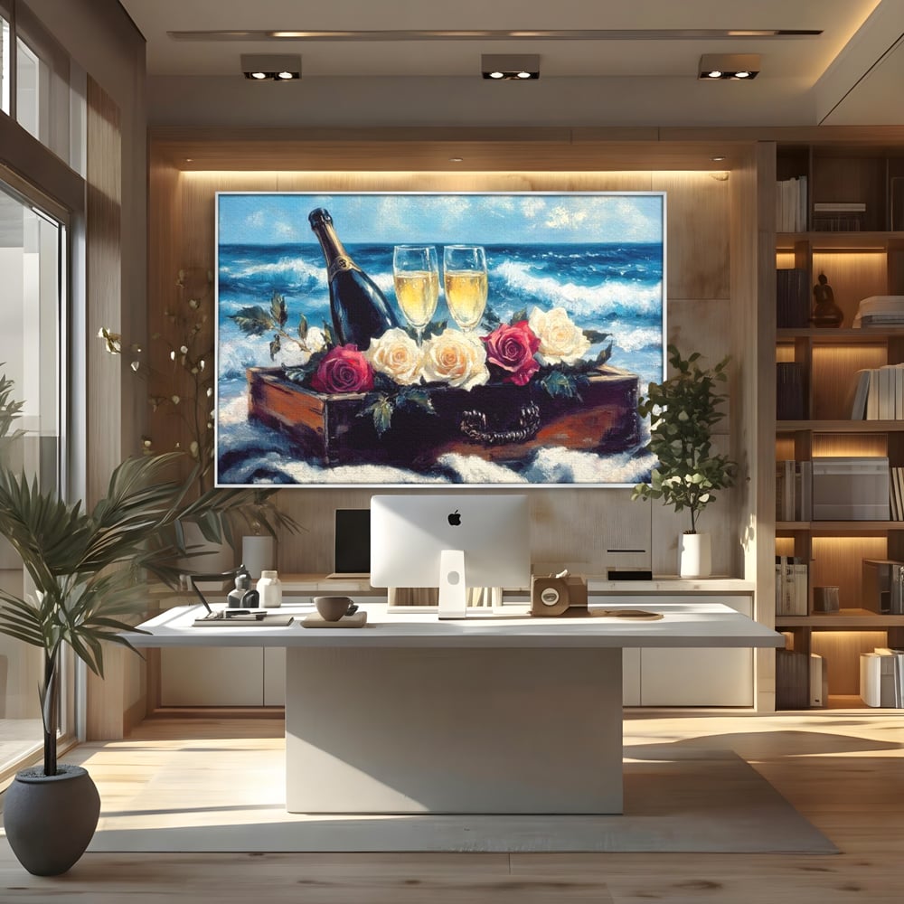 Tablou Canvas Premium LuxCanva® E1052, Sampanie la Tarmul Marii, Valuri, Pahare, Lux, Trandafiri, Exotic, Living Room, Culori vibrante