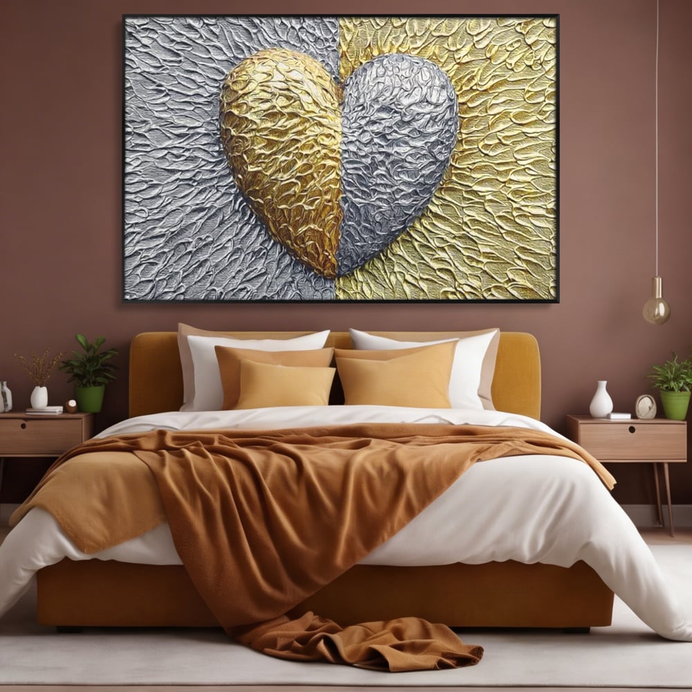 Tablou Canvas Premium LuxCanva® E1053, Inima Dualitatii, Aur, Argint, Stralucire, Textura, Simbolism, Living Room, Culori vibrante