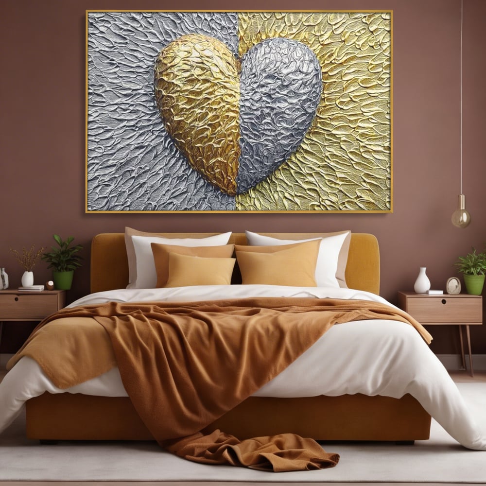 Tablou Canvas Premium LuxCanva® E1053, Inima Dualitatii, Aur, Argint, Stralucire, Textura, Simbolism, Living Room, Culori vibrante