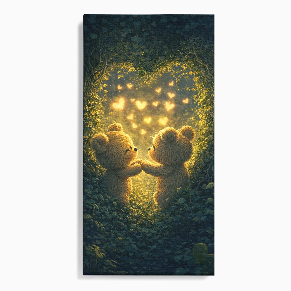 Tablou Canvas Premium, LuxCanva® E1059, Promisiunea din Padure, Dragoste, Inima, Valentine’s Day, Tandrete, Cuplu, Iubire, Ursuleti, Padure, Natura, Stralucire, Living, Dormitor