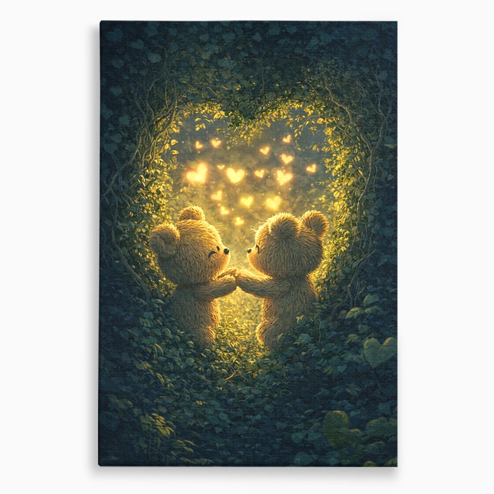 Tablou Canvas Premium, LuxCanva® E1059, Promisiunea din Padure, Dragoste, Inima, Valentine’s Day, Tandrete, Cuplu, Iubire, Ursuleti, Padure, Natura, Stralucire, Living, Dormitor