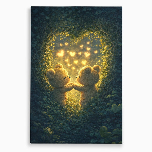 Tablou Canvas Premium, LuxCanva® E1059, Promisiunea din Padure, Dragoste, Inima, Valentine’s Day, Tandrete, Cuplu, Iubire, Ursuleti, Padure, Natura, Stralucire, Living, Dormitor