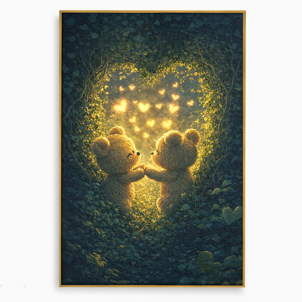 Tablou Canvas Premium, LuxCanva® E1059, Promisiunea din Padure, Dragoste, Inima, Valentine’s Day, Tandrete, Cuplu, Iubire, Ursuleti, Padure, Natura, Stralucire, Living, Dormitor