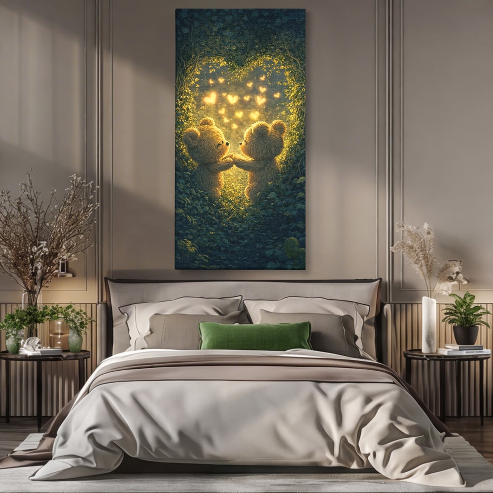 Tablou Canvas Premium, LuxCanva® E1059, Promisiunea din Padure, Dragoste, Inima, Valentine’s Day, Tandrete, Cuplu, Iubire, Ursuleti, Padure, Natura, Stralucire, Living, Dormitor