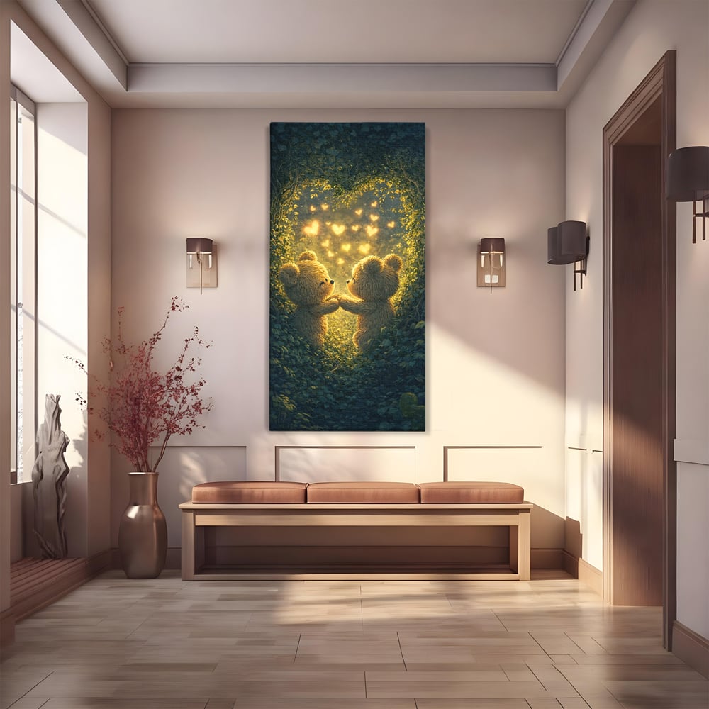 Tablou Canvas Premium, LuxCanva® E1059, Promisiunea din Padure, Dragoste, Inima, Valentine’s Day, Tandrete, Cuplu, Iubire, Ursuleti, Padure, Natura, Stralucire, Living, Dormitor