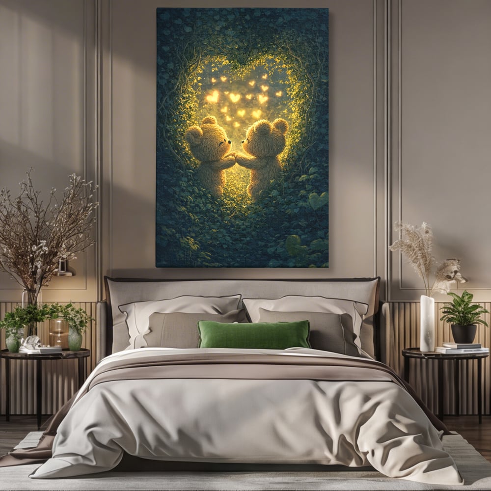 Tablou Canvas Premium, LuxCanva® E1059, Promisiunea din Padure, Dragoste, Inima, Valentine’s Day, Tandrete, Cuplu, Iubire, Ursuleti, Padure, Natura, Stralucire, Living, Dormitor