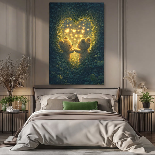 Tablou Canvas Premium, LuxCanva® E1059, Promisiunea din Padure, Dragoste, Inima, Valentine’s Day, Tandrete, Cuplu, Iubire, Ursuleti, Padure, Natura, Stralucire, Living, Dormitor