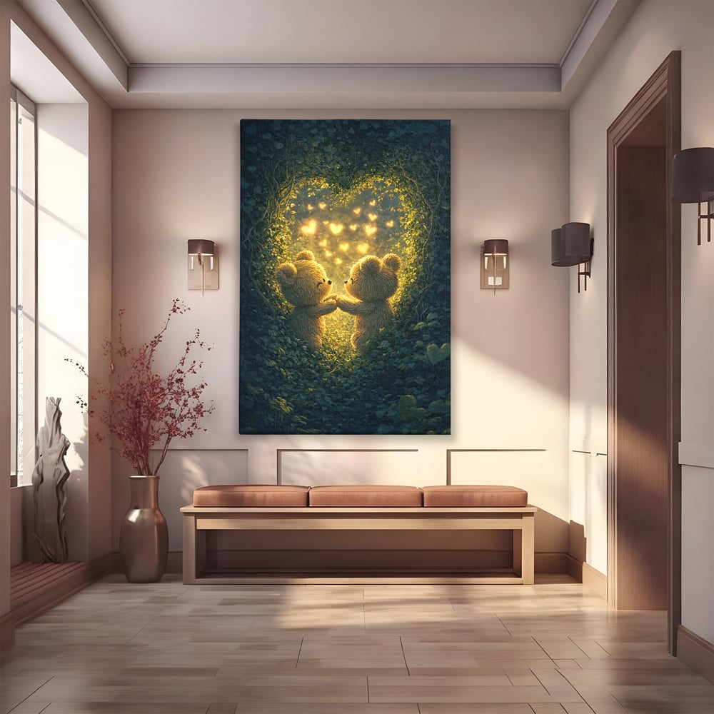 Tablou Canvas Premium, LuxCanva® E1059, Promisiunea din Padure, Dragoste, Inima, Valentine’s Day, Tandrete, Cuplu, Iubire, Ursuleti, Padure, Natura, Stralucire, Living, Dormitor