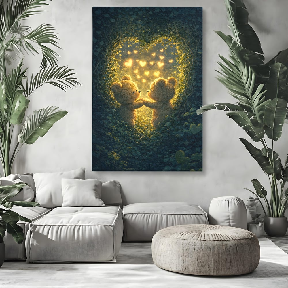 Tablou Canvas Premium, LuxCanva® E1059, Promisiunea din Padure, Dragoste, Inima, Valentine’s Day, Tandrete, Cuplu, Iubire, Ursuleti, Padure, Natura, Stralucire, Living, Dormitor