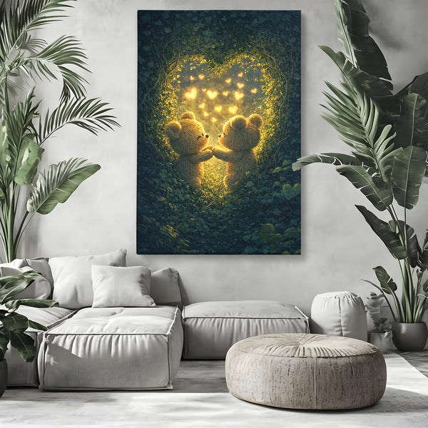 Tablou Canvas Premium, LuxCanva® E1059, Promisiunea din Padure, Dragoste, Inima, Valentine’s Day, Tandrete, Cuplu, Iubire, Ursuleti, Padure, Natura, Stralucire, Living, Dormitor