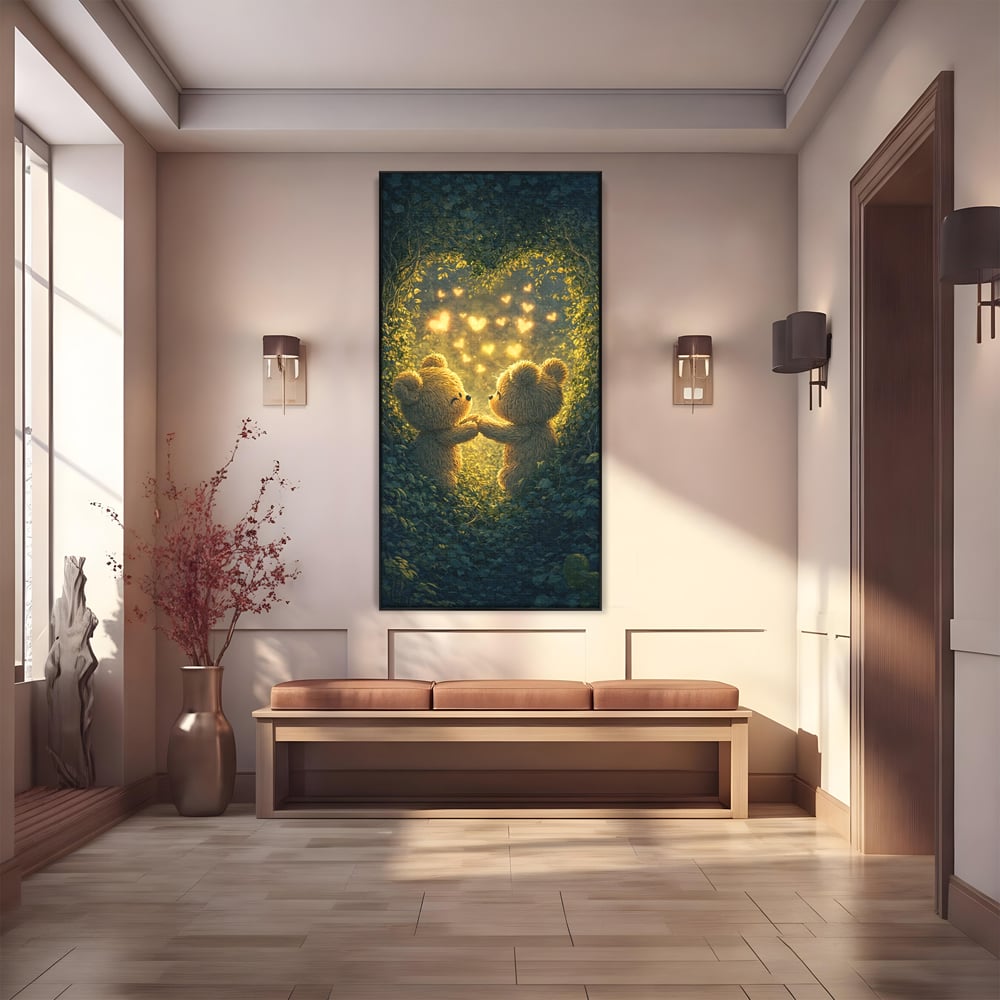 Tablou Canvas Premium, LuxCanva® E1059, Promisiunea din Padure, Dragoste, Inima, Valentine’s Day, Tandrete, Cuplu, Iubire, Ursuleti, Padure, Natura, Stralucire, Living, Dormitor