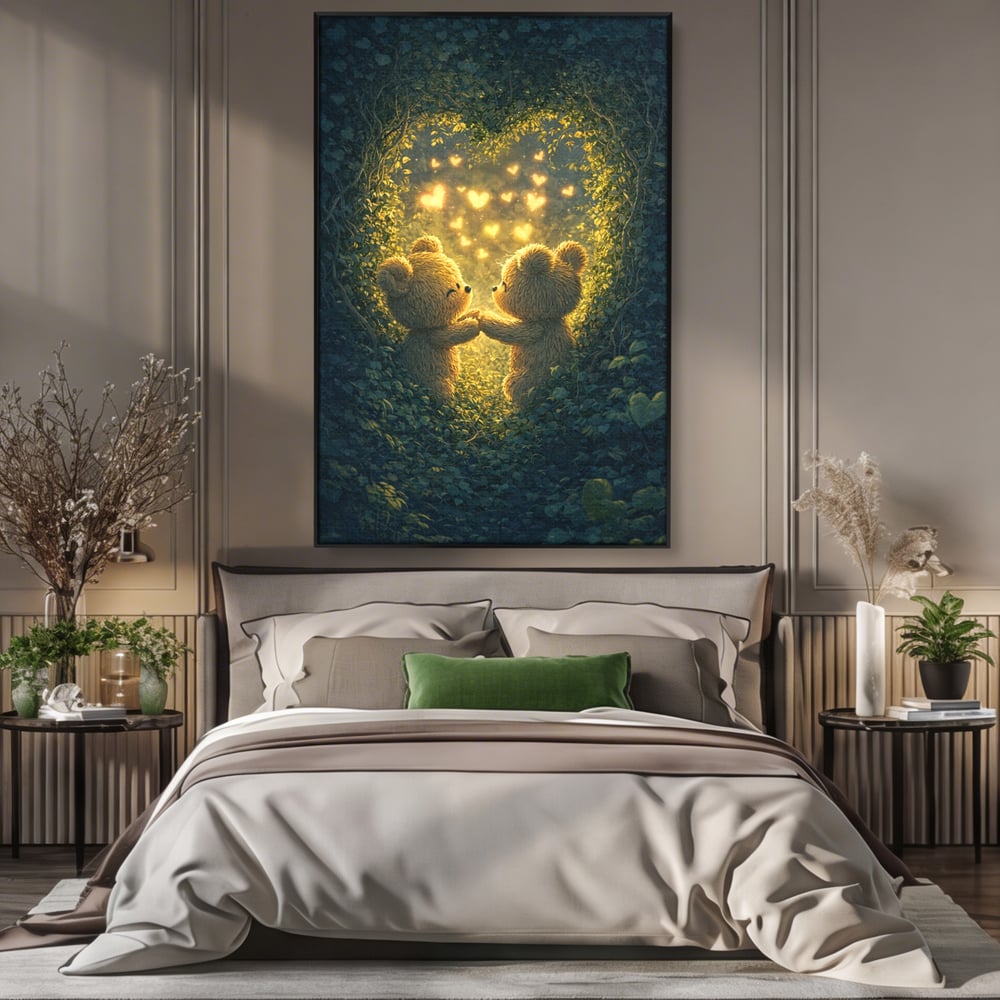 Tablou Canvas Premium, LuxCanva® E1059, Promisiunea din Padure, Dragoste, Inima, Valentine’s Day, Tandrete, Cuplu, Iubire, Ursuleti, Padure, Natura, Stralucire, Living, Dormitor