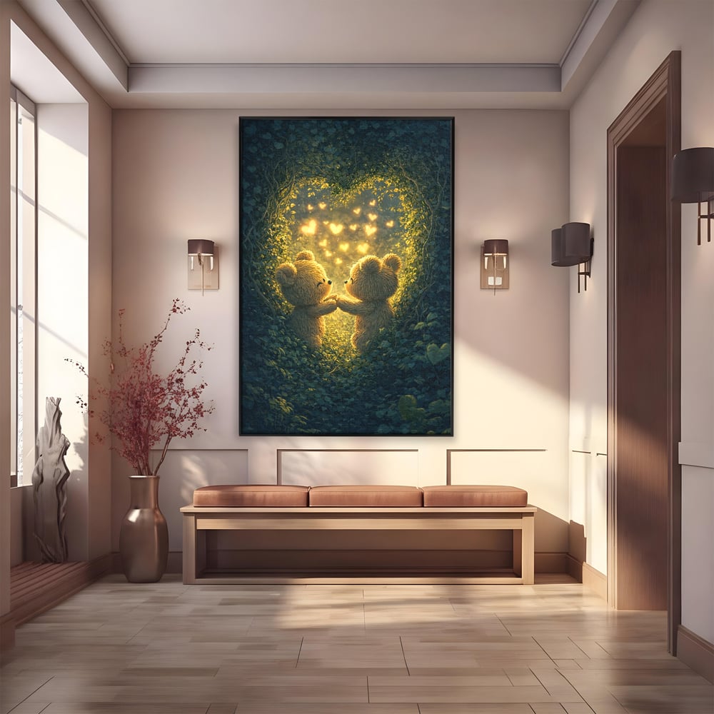 Tablou Canvas Premium, LuxCanva® E1059, Promisiunea din Padure, Dragoste, Inima, Valentine’s Day, Tandrete, Cuplu, Iubire, Ursuleti, Padure, Natura, Stralucire, Living, Dormitor