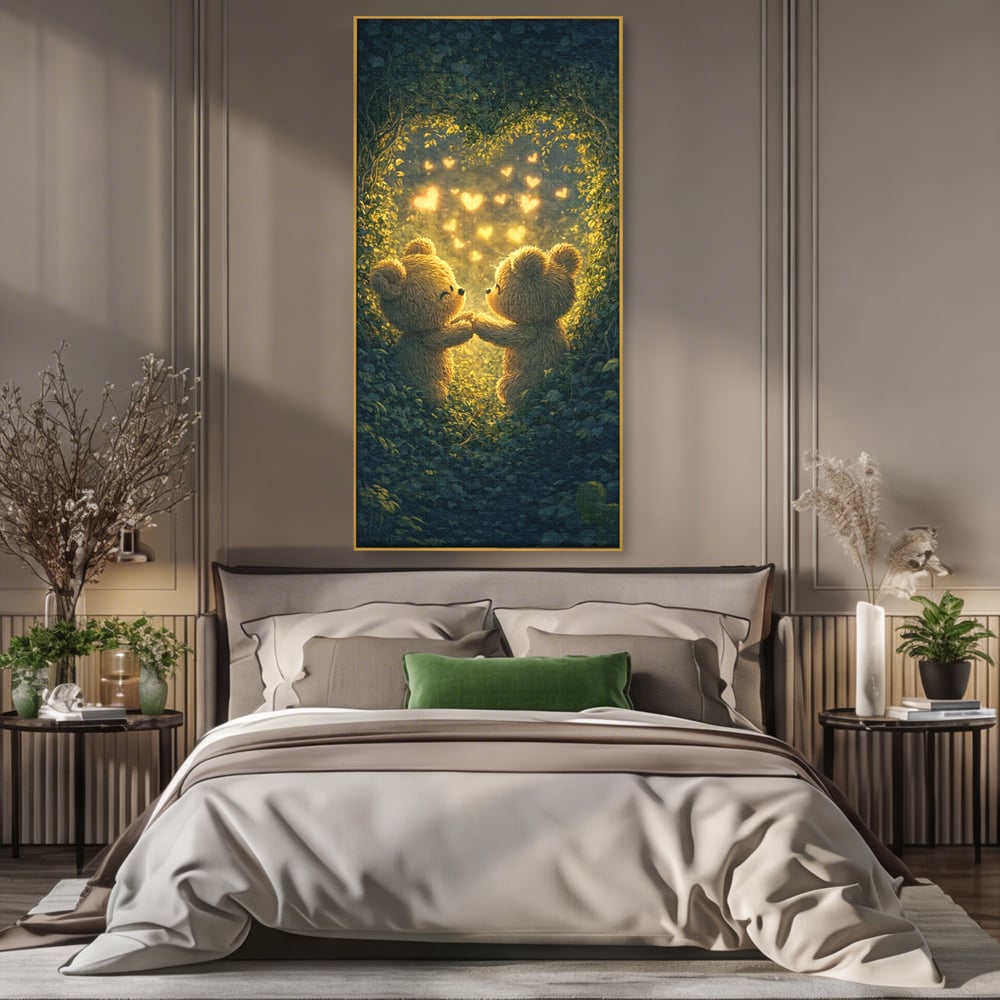 Tablou Canvas Premium, LuxCanva® E1059, Promisiunea din Padure, Dragoste, Inima, Valentine’s Day, Tandrete, Cuplu, Iubire, Ursuleti, Padure, Natura, Stralucire, Living, Dormitor