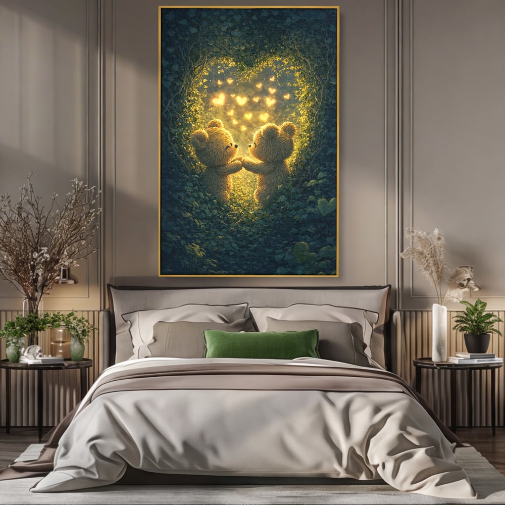 Tablou Canvas Premium, LuxCanva® E1059, Promisiunea din Padure, Dragoste, Inima, Valentine’s Day, Tandrete, Cuplu, Iubire, Ursuleti, Padure, Natura, Stralucire, Living, Dormitor