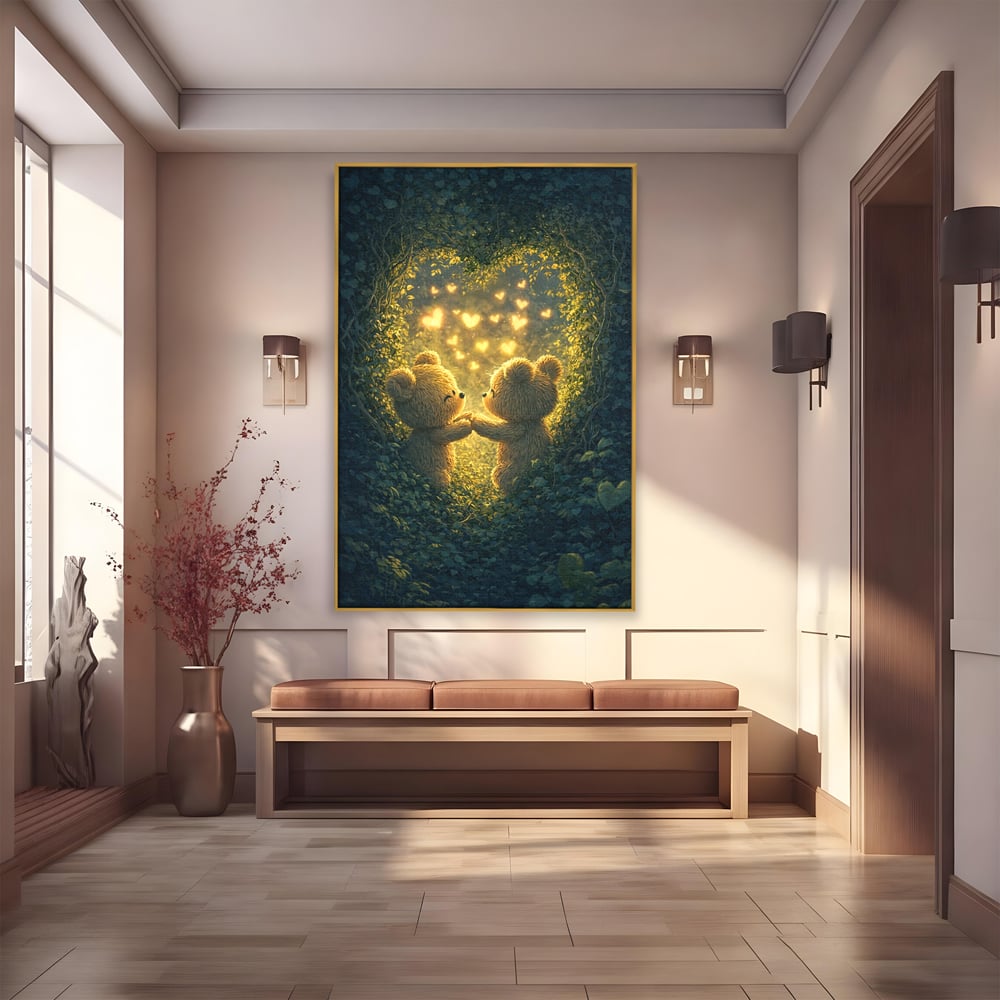 Tablou Canvas Premium, LuxCanva® E1059, Promisiunea din Padure, Dragoste, Inima, Valentine’s Day, Tandrete, Cuplu, Iubire, Ursuleti, Padure, Natura, Stralucire, Living, Dormitor