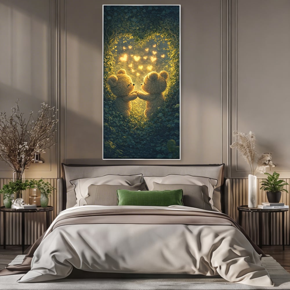 Tablou Canvas Premium, LuxCanva® E1059, Promisiunea din Padure, Dragoste, Inima, Valentine’s Day, Tandrete, Cuplu, Iubire, Ursuleti, Padure, Natura, Stralucire, Living, Dormitor